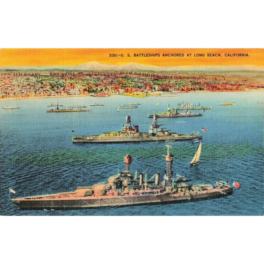 Vtg Linen Postcard US Battleships Long Beach California 1944 WWII Naval - Picture 1 of 2